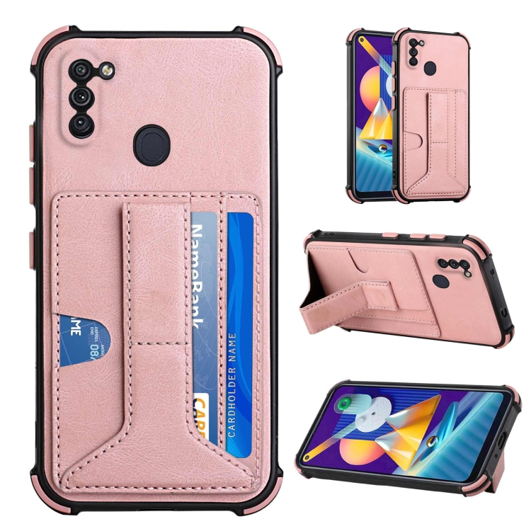 

For Samsung Galaxy A11 EU Version / M11 Dream PU + TPU Four-corner Shockproof Back Cover Case with Card Slots & Holder(Rose Gold)
