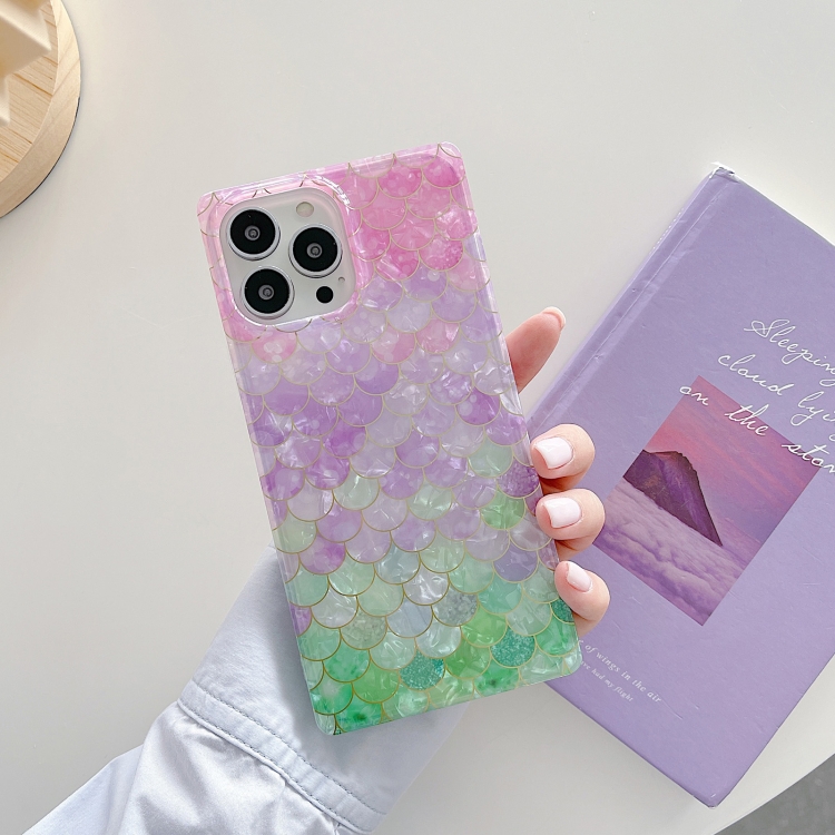 

Electroplated Shell Texture Fish Scales Shockproof Straight-Edge Protective Case For iPhone 13 Pro Max(Purple Green)