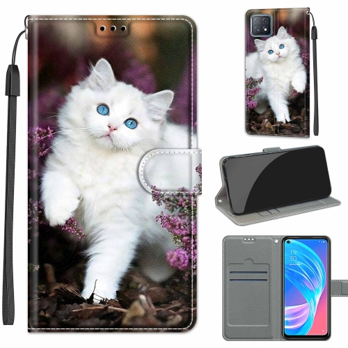 

Voltage Coloured Drawing Magnetic Clasp Horizontal Flip PU Leather Case with Holder & Card Slots For OPPO A72 5G / A73 5G / A53 5G(C08 Flower Bush Big White Cat)