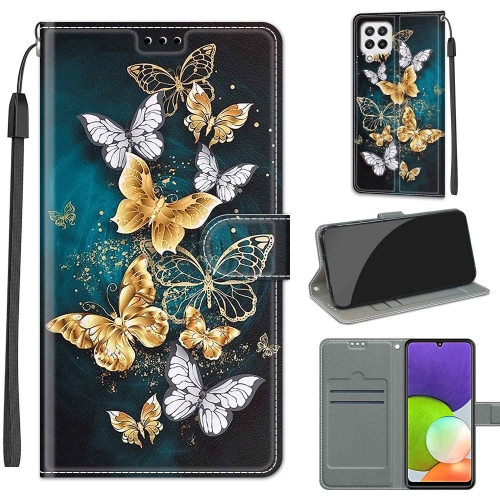 

Voltage Coloured Drawing Magnetic Clasp Horizontal Flip PU Leather Case with Holder & Card Slots For Samsung Galaxy A22 4G(C20 Gold Silver Flying Butterflies)