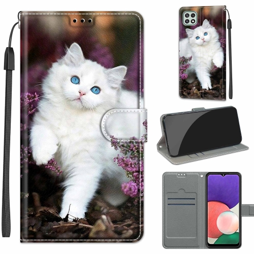 

Voltage Coloured Drawing Magnetic Clasp Horizontal Flip PU Leather Case with Holder & Card Slots For Samsung Galaxy A22 5G(C08 Flower Bush Big White Cat)