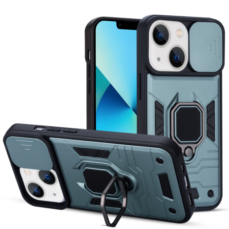 

Warrior Armor Sliding Camera Cover Design TPU + PC Shockproof Case with Ring Holder For iPhone 13(Blackish Green)