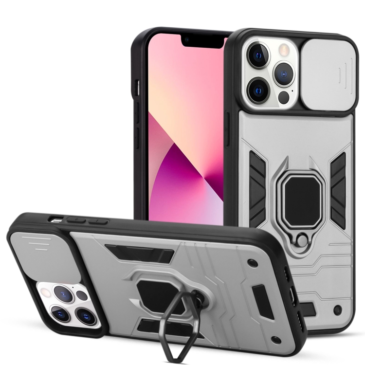 

Warrior Armor Sliding Camera Cover Design TPU + PC Shockproof Case with Ring Holder For iPhone 13 Pro(Graphite Ash)