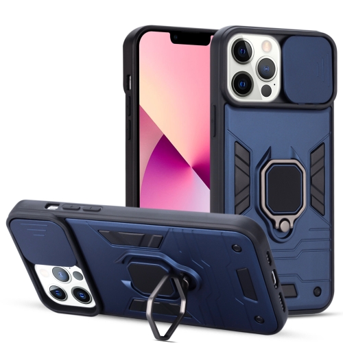 

Warrior Armor Sliding Camera Cover Design TPU + PC Shockproof Case with Ring Holder For iPhone 13 Pro Max(Sapphire Blue)