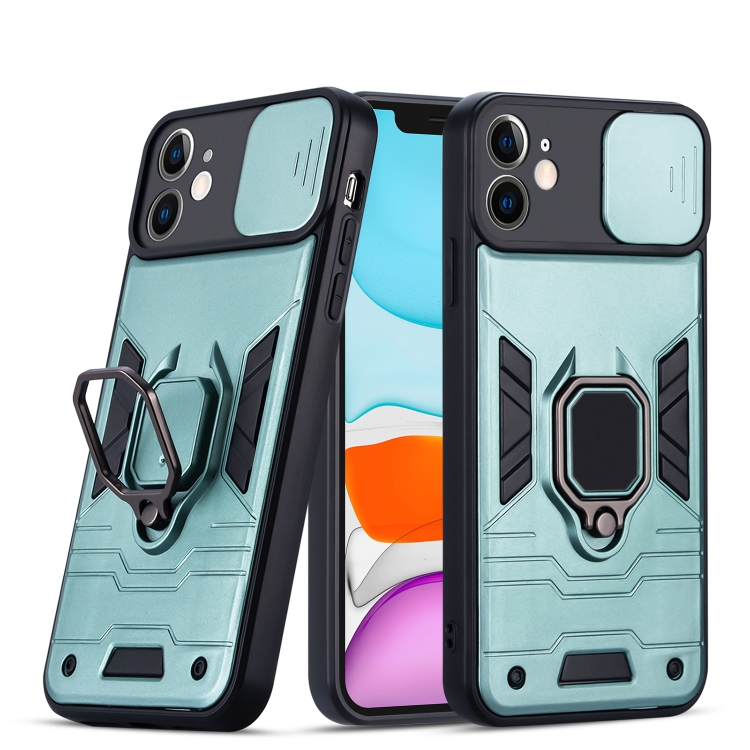

Warrior Armor Sliding Camera Cover Design TPU + PC Shockproof Case with Ring Holder For iPhone 12 mini(Blackish Green)