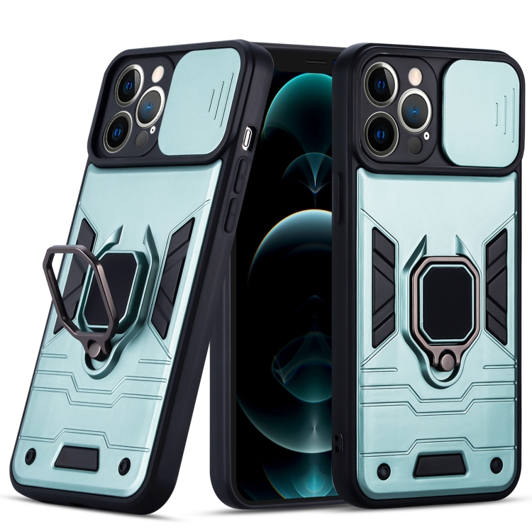 

Warrior Armor Sliding Camera Cover Design TPU + PC Shockproof Case with Ring Holder For iPhone 12 Pro Max(Blackish Green)
