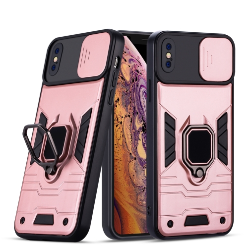 

Warrior Armor Sliding Camera Cover Design TPU + PC Shockproof Case with Ring Holder For iPhone XS Max(Rose Gold)