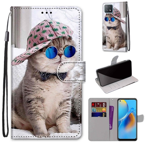 

For OPPO A72 5G / A73 5G / A53 5G Coloured Drawing Cross Texture Horizontal Flip PU Leather Case with Holder & Card Slots & Wallet & Lanyard(Slant Hat Blue Mirror Cat)