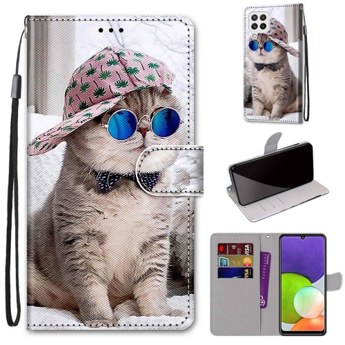 

For Samsung Galaxy A22 4G Coloured Drawing Cross Texture Horizontal Flip PU Leather Case with Holder & Card Slots & Wallet & Lanyard(Slant Hat Blue Mirror Cat)