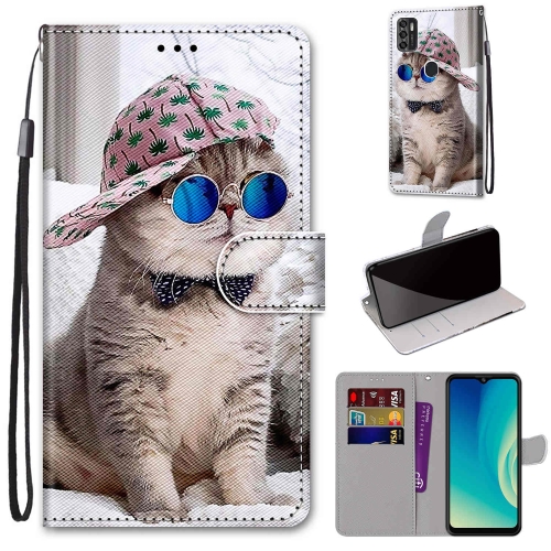

For ZTE Blade A7s 2020 Coloured Drawing Cross Texture Horizontal Flip PU Leather Case with Holder & Card Slots & Wallet & Lanyard(Slant Hat Blue Mirror Cat)