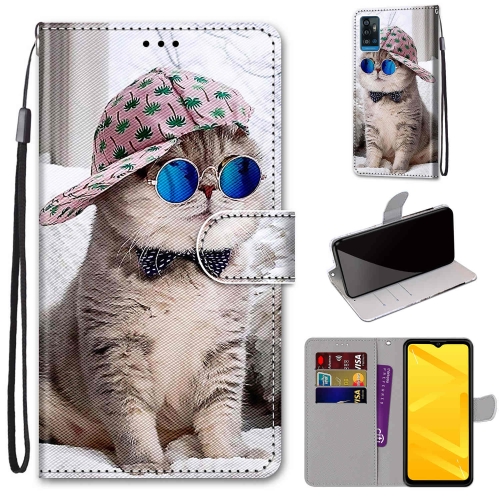 

For ZTE Blade A71 Coloured Drawing Cross Texture Horizontal Flip PU Leather Case with Holder & Card Slots & Wallet & Lanyard(Slant Hat Blue Mirror Cat)