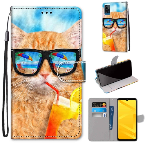 

For ZTE Blade A71 Coloured Drawing Cross Texture Horizontal Flip PU Leather Case with Holder & Card Slots & Wallet & Lanyard(Cat Drinking Soda)