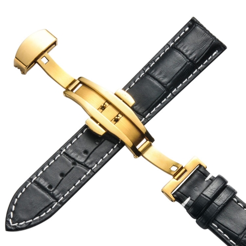 

10mm Classic Cowhide Leather Gold Butterfly Buckle Replacement Strap Watchband(Black White Lines)