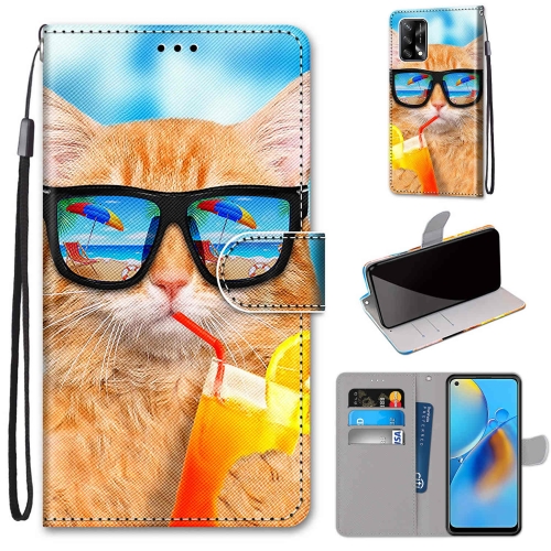 

For OPPO A74 4G / F19 Coloured Drawing Cross Texture Horizontal Flip PU Leather Case with Holder & Card Slots & Wallet & Lanyard(Cat Drinking Soda)