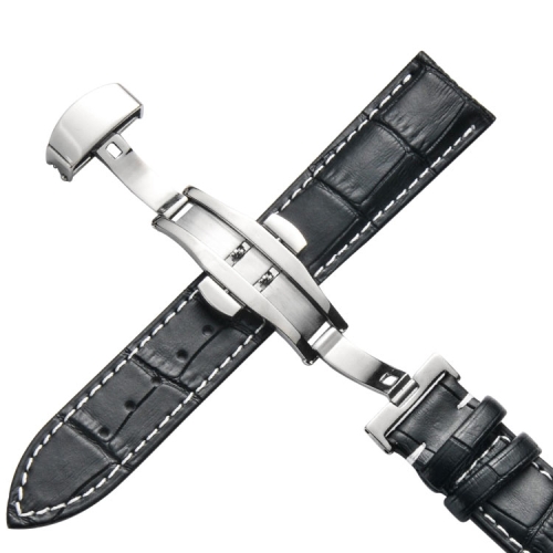 

14mm Classic Cowhide Leather Silver Butterfly Buckle Replacement Strap Watchband(Black White Lines)