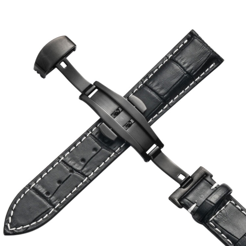 

10mm Classic Cowhide Leather Black Butterfly Buckle Replacement Strap Watchband(Black White Lines)