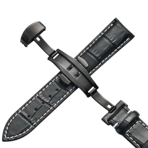 

12mm Classic Cowhide Leather Black Butterfly Buckle Replacement Strap Watchband(Black White Lines)