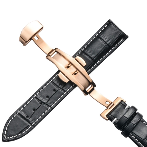 

14mm Classic Cowhide Leather Rose Gold Butterfly Buckle Replacement Strap Watchband(Black White Lines)