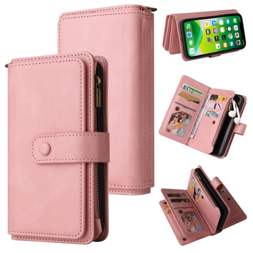 

Skin Feel PU + TPU Horizontal Flip Leather Case with Holder & 15 Cards Slot & Wallet & Zipper Pocket & Lanyard For iPhone 13 mini(Pink)