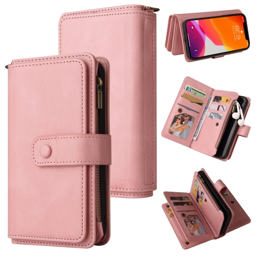 

Skin Feel PU + TPU Horizontal Flip Leather Case with Holder & 15 Cards Slot & Wallet & Zipper Pocket & Lanyard For iPhone 12 Pro Max(Pink)