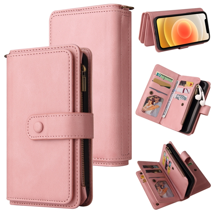 

Skin Feel PU + TPU Horizontal Flip Leather Case with Holder & 15 Cards Slot & Wallet & Zipper Pocket & Lanyard For iPhone 12 / 12 Pro(Pink)
