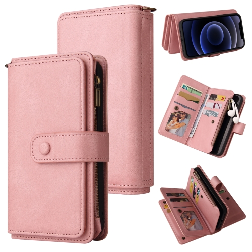 

Skin Feel PU + TPU Horizontal Flip Leather Case with Holder & 15 Cards Slot & Wallet & Zipper Pocket & Lanyard For iPhone 12 mini(Pink)