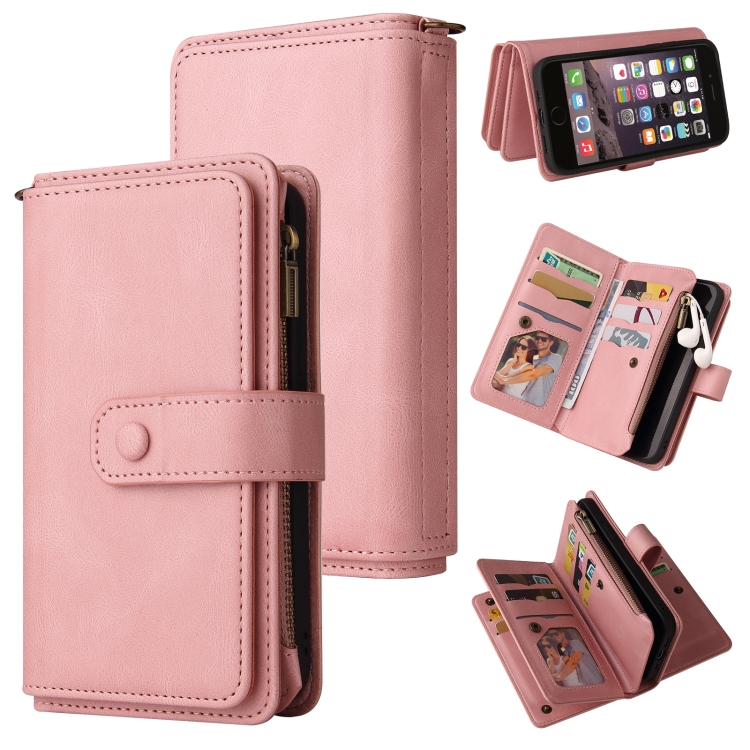 

Skin Feel PU + TPU Horizontal Flip Leather Case with Holder & 15 Cards Slot & Wallet & Zipper Pocket & Lanyard For iPhone SE 2020 / 8 / 7(Pink)
