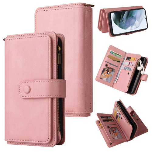 

For Samsung Galaxy S21 FE 5G Skin Feel PU + TPU Horizontal Flip Leather Case with Holder & 15 Cards Slot & Wallet & Zipper Pocket & Lanyard(Pink)