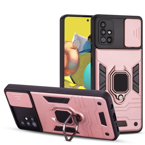 

For Samsung Galaxy A71 Warrior Armor Sliding Camera Cover Design TPU + PC Shockproof Case with Ring Holder(Rose Gold)