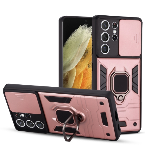 

For Samsung Galaxy S21 Ultra 5G Warrior Armor Sliding Camera Cover Design TPU + PC Shockproof Case with Ring Holder(Rose Gold)