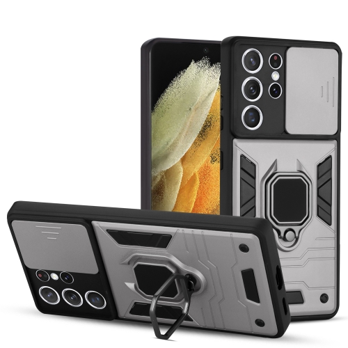 

For Samsung Galaxy S21+ 5G Warrior Armor Sliding Camera Cover Design TPU + PC Shockproof Case with Ring Holder(Graphite Ash)