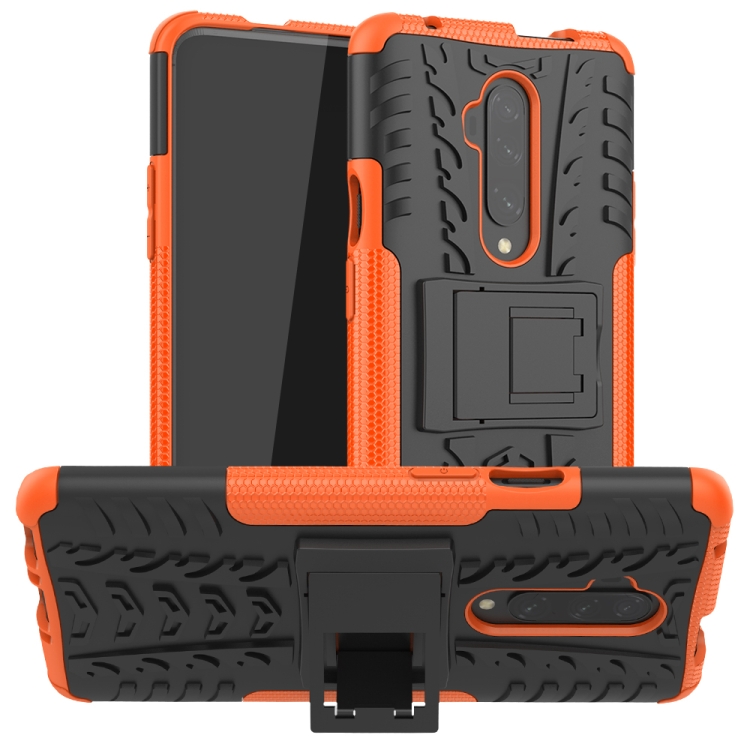 

For OnePlus 7T Pro Tire Texture TPU+PC Shockproof Case, with Holder(Orange)