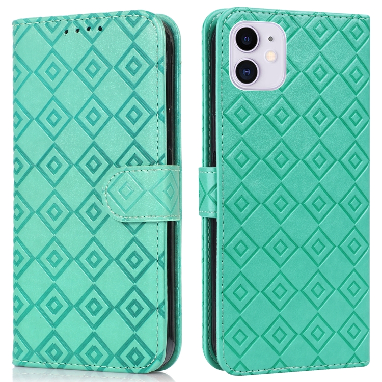 

Embossed Big Small Concentric Squares Pattern Horizontal Flip Leather Case with Card Slot & Holder & Wallet For iPhone 13 mini(Green)