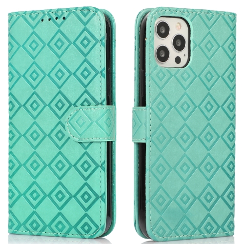 

Embossed Big Small Concentric Squares Pattern Horizontal Flip Leather Case with Card Slot & Holder & Wallet For iPhone 12 / 12 Pro(Green)