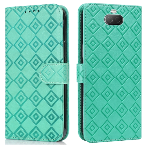 

For Sony Xperia 10 Embossed Big Small Concentric Squares Pattern Horizontal Flip Leather Case with Card Slot & Holder & Wallet(Green)