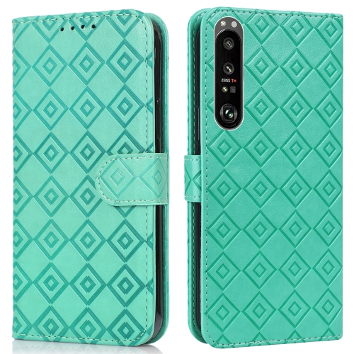 

For Sony Xperia 1 III Embossed Big Small Concentric Squares Pattern Horizontal Flip Leather Case with Card Slot & Holder & Wallet(Green)