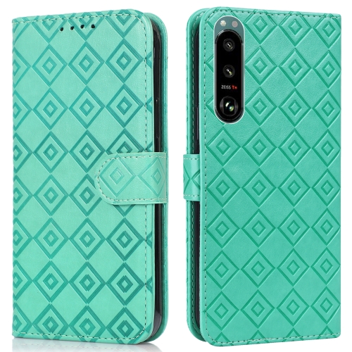 

For Sony Xperia 5 III Embossed Big Small Concentric Squares Pattern Horizontal Flip Leather Case with Card Slot & Holder & Wallet(Green)