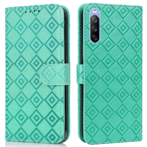 

For Sony Xperia 10 III Embossed Big Small Concentric Squares Pattern Horizontal Flip Leather Case with Card Slot & Holder & Wallet(Green)