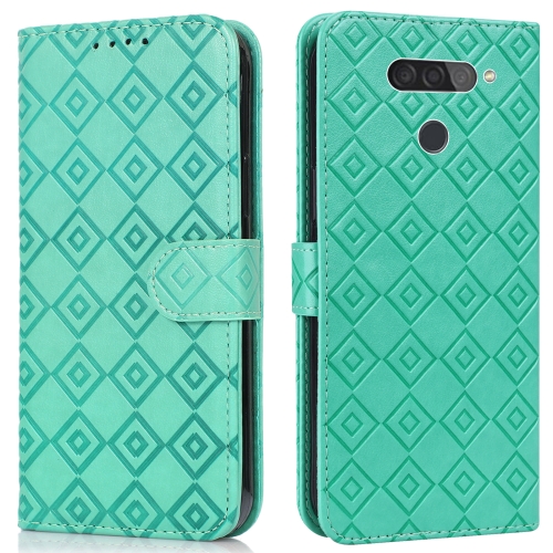 

For LG Q70 Embossed Big Small Concentric Squares Pattern Horizontal Flip Leather Case with Card Slot & Holder & Wallet(Green)