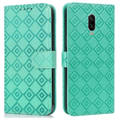 

For OnePlus 6T Embossed Big Small Concentric Squares Pattern Horizontal Flip Leather Case with Card Slot & Holder & Wallet(Green)