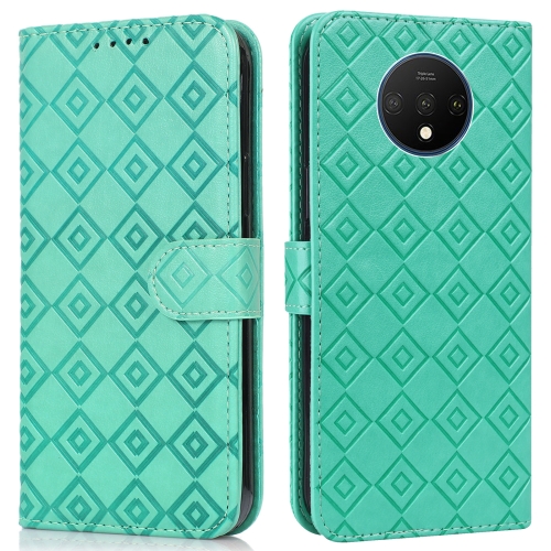 

For OnePlus 7T Embossed Big Small Concentric Squares Pattern Horizontal Flip Leather Case with Card Slot & Holder & Wallet(Green)