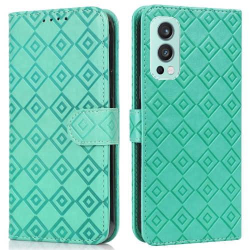 

For OnePlus Nord 2 5G Embossed Big Small Concentric Squares Pattern Horizontal Flip Leather Case with Card Slot & Holder & Wallet(Green)