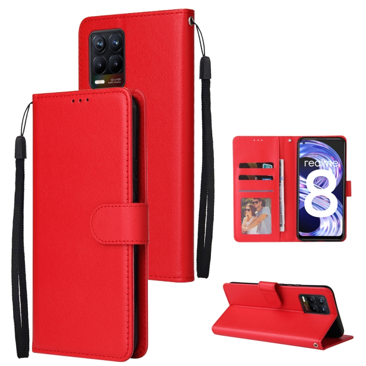 

For OPPO Realme 8 / 8 Pro 4G Multifunctional Horizontal Flip Leather Case, with Three Card Slot & Holder & Double Zip Wallett & Photo Frame & Lanyard(Red)