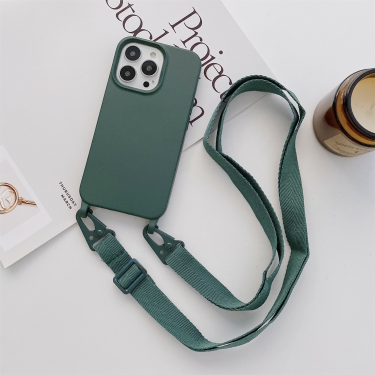 

Elastic Silicone Protective Case with Wide Neck Lanyard For iPhone 13 mini(Dark Green)