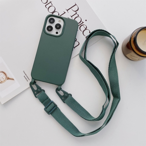 

Elastic Silicone Protective Case with Wide Neck Lanyard For iPhone 13 Pro Max(Dark Green)