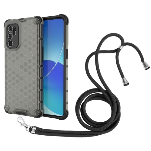 

For OPPO Reno6 4G Shockproof Honeycomb PC + TPU Case with Neck Lanyard(Black)