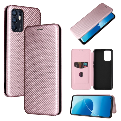 

For OPPO Reno6 4G Carbon Fiber Texture Magnetic Horizontal Flip TPU + PC + PU Leather Case with Card Slot(Pink)