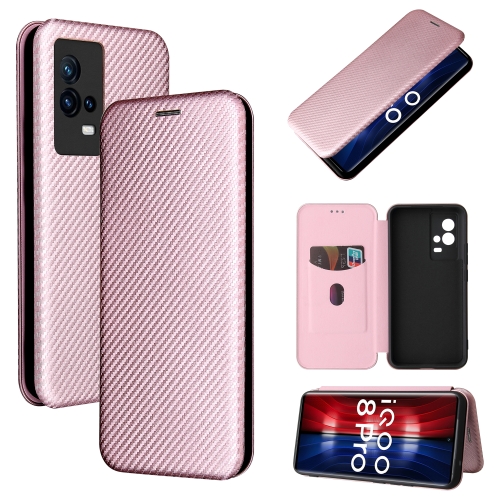 

For vivo iQOO 8 Pro Carbon Fiber Texture Magnetic Horizontal Flip TPU + PC + PU Leather Case with Card Slot(Pink)