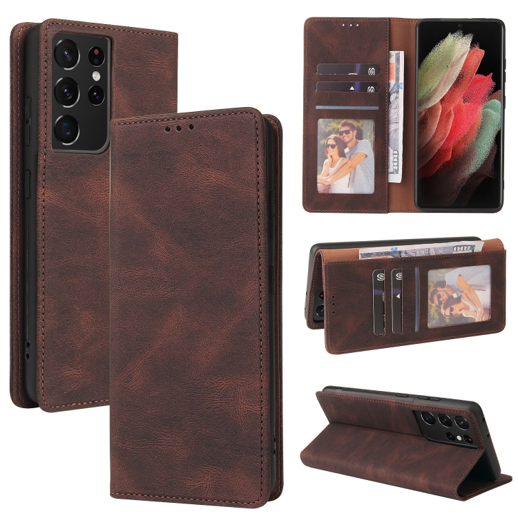 

For Samsung Galaxy S21 Ultra 5G Simple Suction Closure Horizontal Flip Leather Case with Holder & Card Slot & Wallet(Brown)