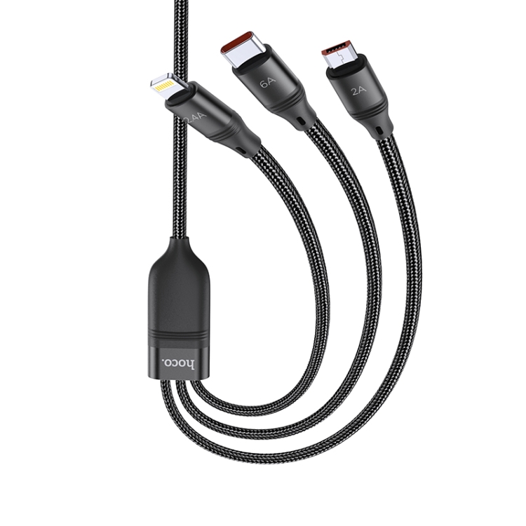 

hoco U104 Ultra 3 in 1 6A Fast Charging Data Cable USB to 8 Pin + Micro USB + USB-C / Type-C Cable, Cable Length: 1.2m(Black)